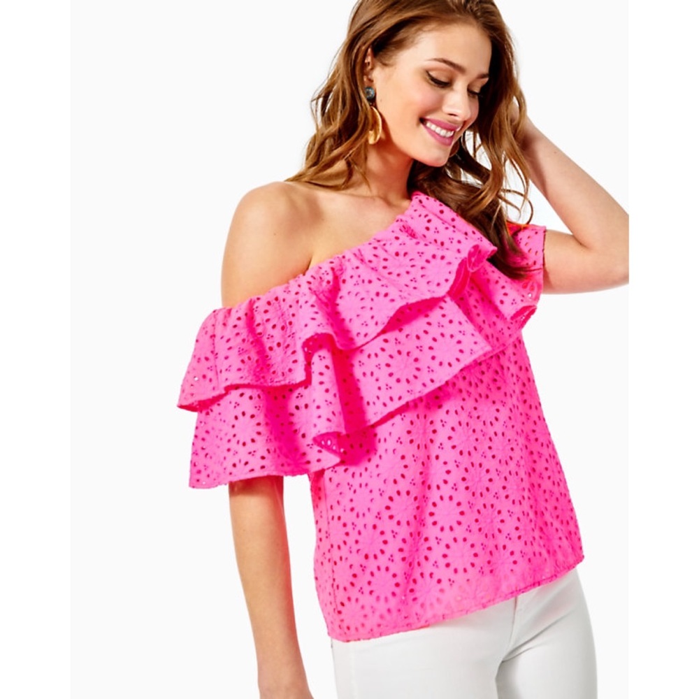 Lilly Pulitzer Trixie‎ Pink Raz Berry Neon Sunburst Eyelet One Shoulder Top